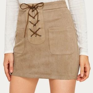 Lace up duel pocket suede bodycon skirt